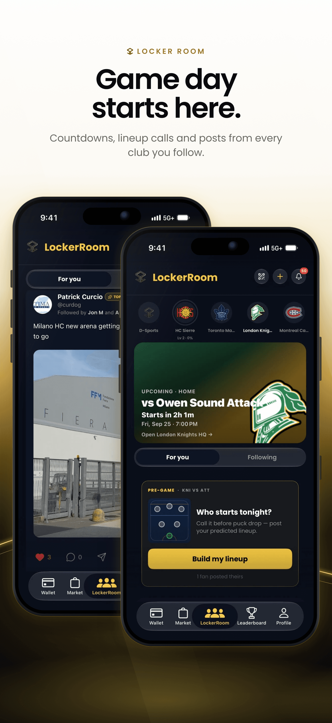 LockerRoom App Store artwork showing club posts, an upcoming match countdown and a predicted lineup prompt.