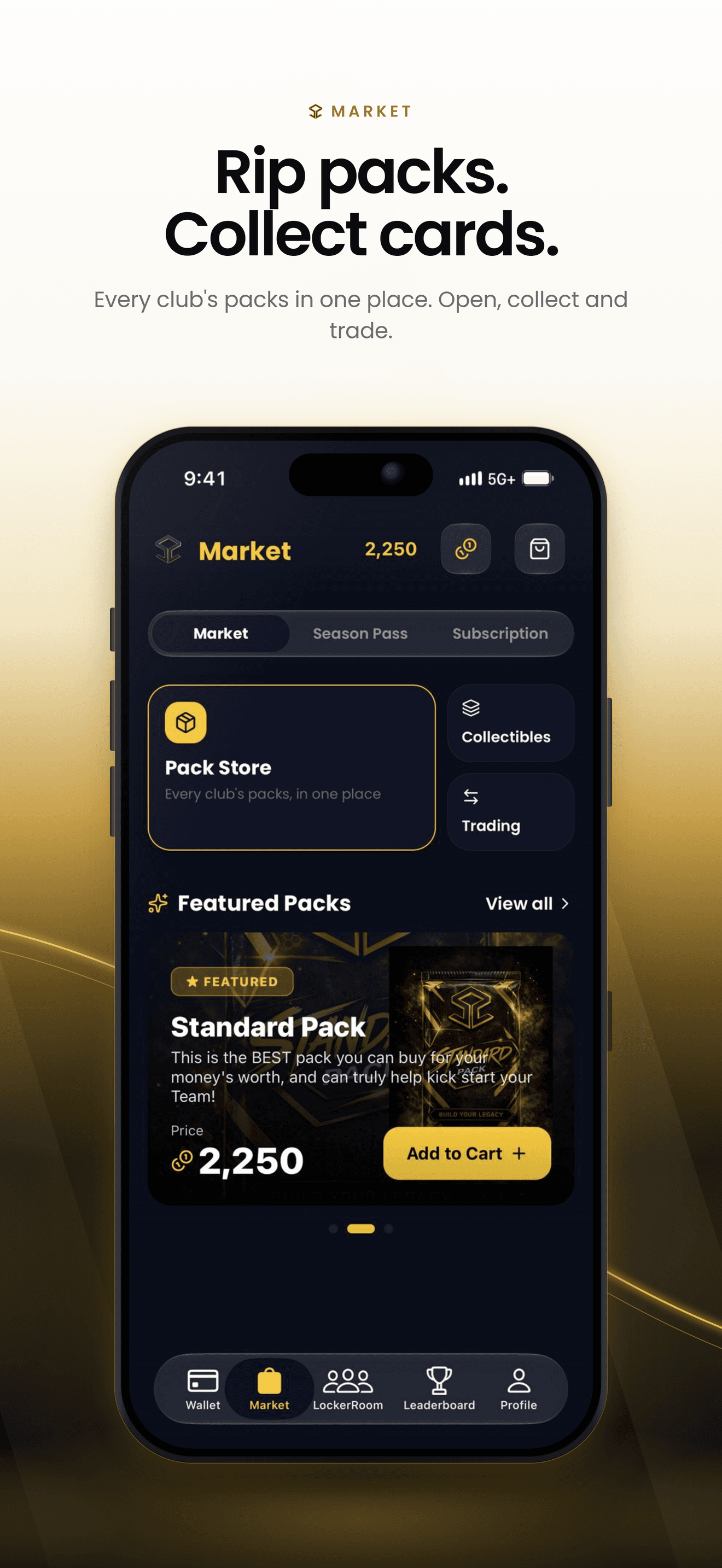 Market App Store artwork showing the pack store, collectibles and trading shortcuts, and a featured card pack.