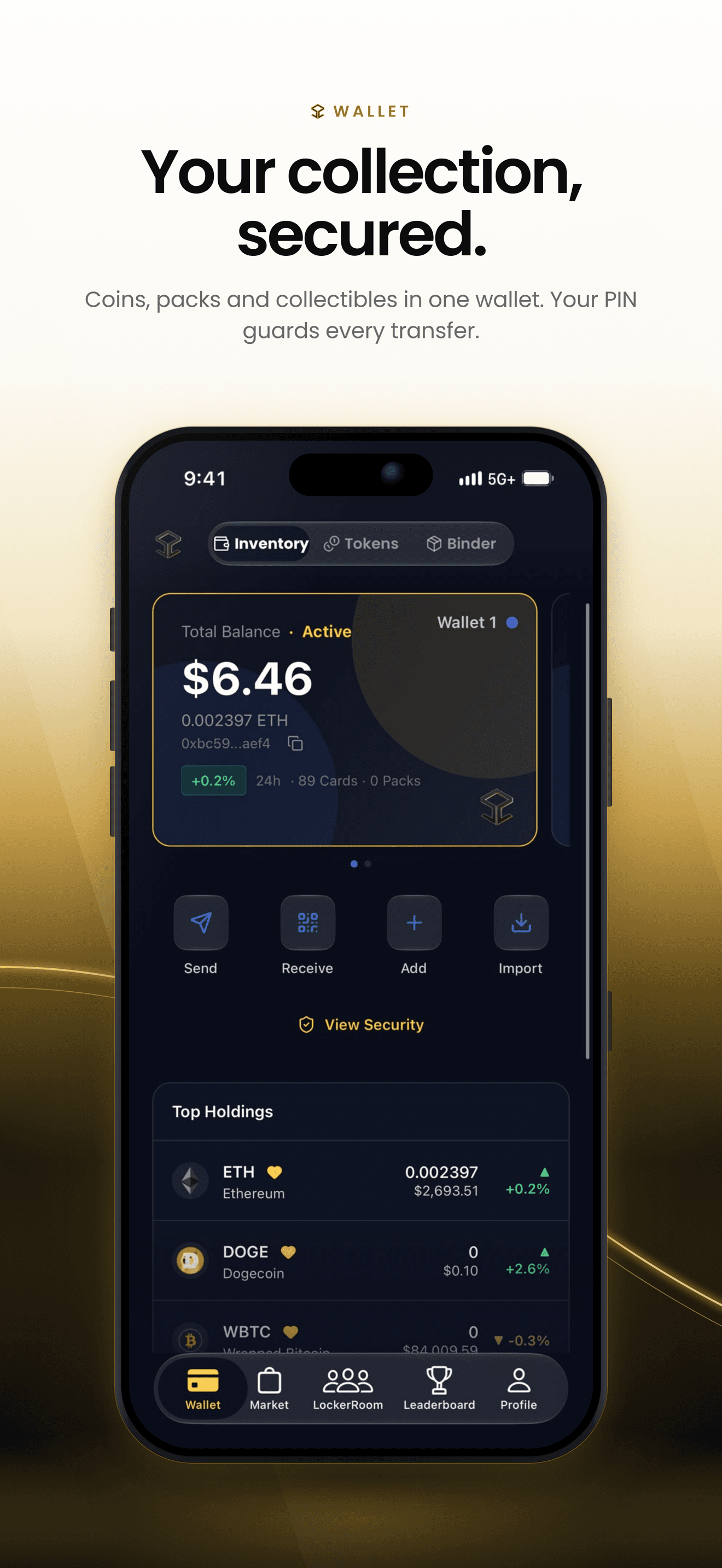 Wallet App Store artwork showing inventory, token holdings and send, receive, add and import controls.