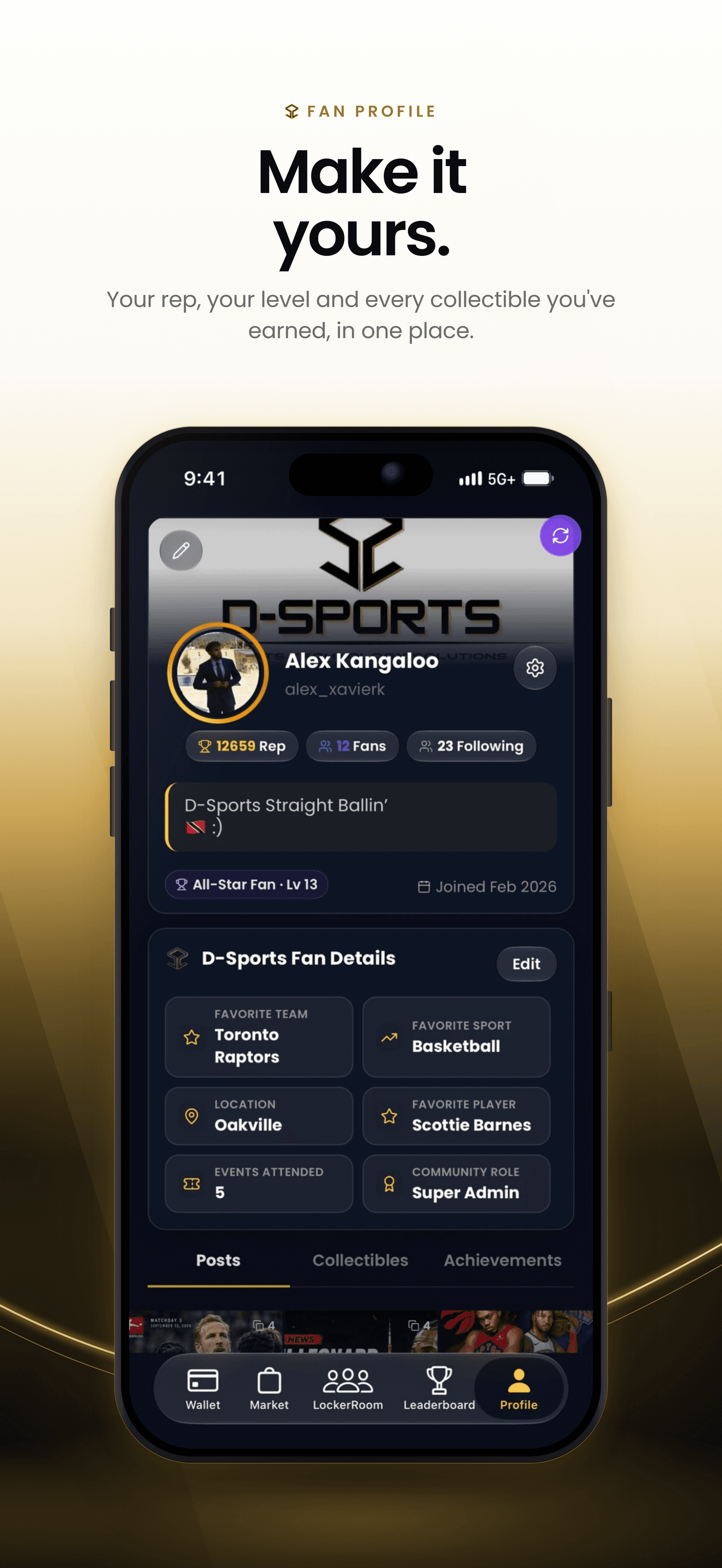 Fan Profile App Store artwork showing reputation, fan level, favourite team and player, and posts and collectibles tabs.