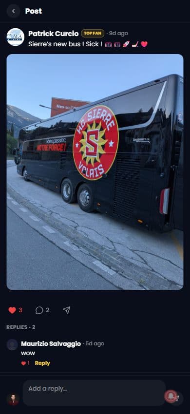 A LockerRoom community post showing HC Sierre's club bus, with reactions and replies beneath the photo.