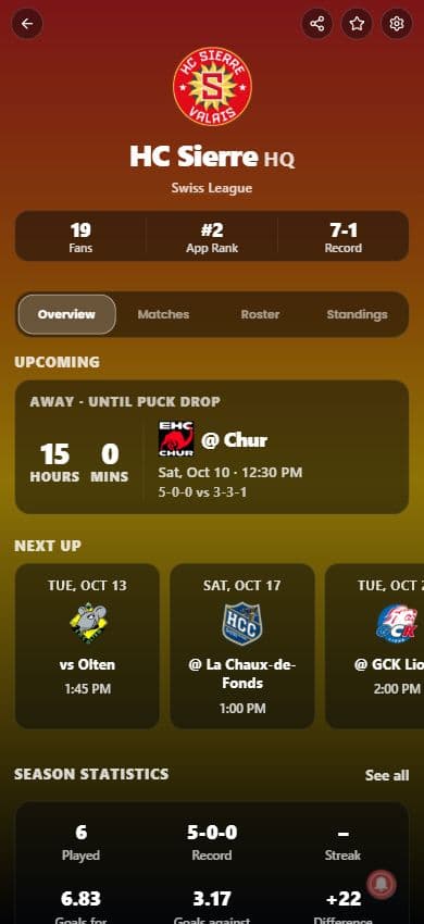 HC Sierre HQ in the web app, showing the club record, upcoming Chur fixture, puck-drop countdown and schedule.