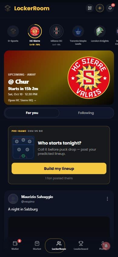 HC Sierre selected in LockerRoom, with its upcoming match card, For you and Following feeds, and a pre-game predicted-lineup prompt.