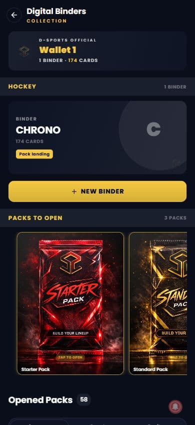 Digital Binders collection showing a hockey binder, new-binder action, sealed packs and opened packs.