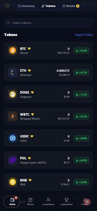 Wallet Tokens view with token search, favourite controls, balances, market prices and price changes.