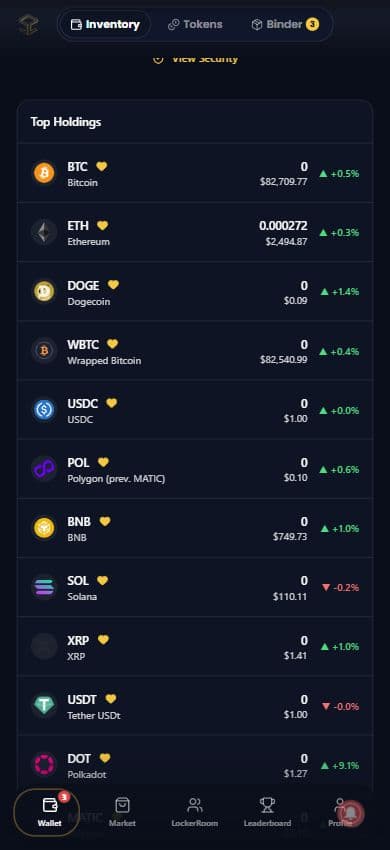 Top Holdings on Wallet Inventory, showing favourite tokens and their quantities, market prices and price changes.